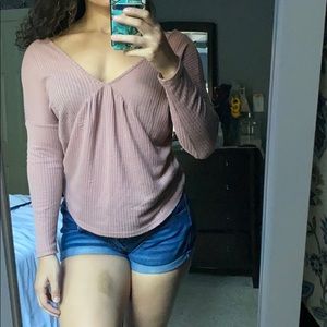 Mauve Ribbed Long Sleeve V-neck